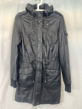 Vintage Danier Black Leather Military Cargo Utility Jacket Women's XS